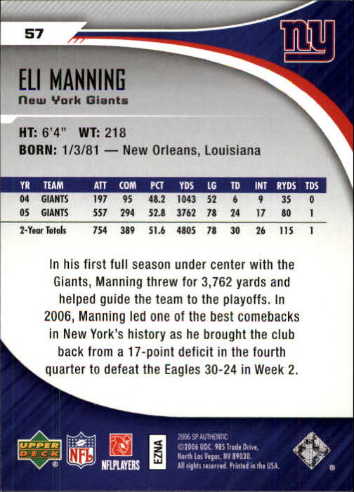 2006 SP Authentic #57 Eli Manning back image