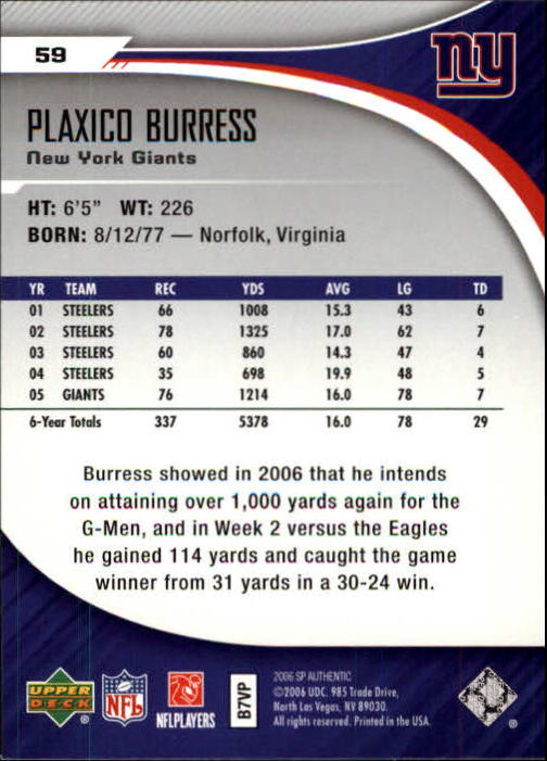 2006 SP Authentic #59 Plaxico Burress back image