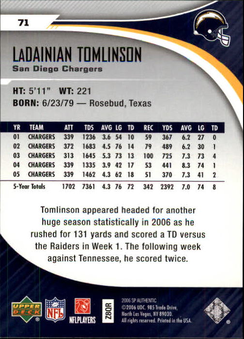 2006 SP Authentic #71 LaDainian Tomlinson back image