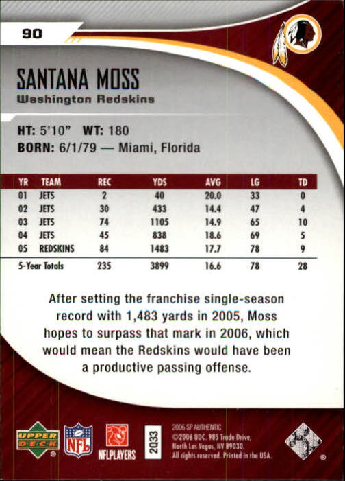 2006 SP Authentic #90 Santana Moss back image