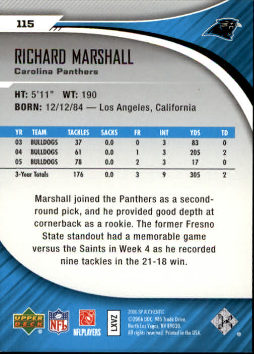 2006 SP Authentic #115 Richard Marshall RC back image