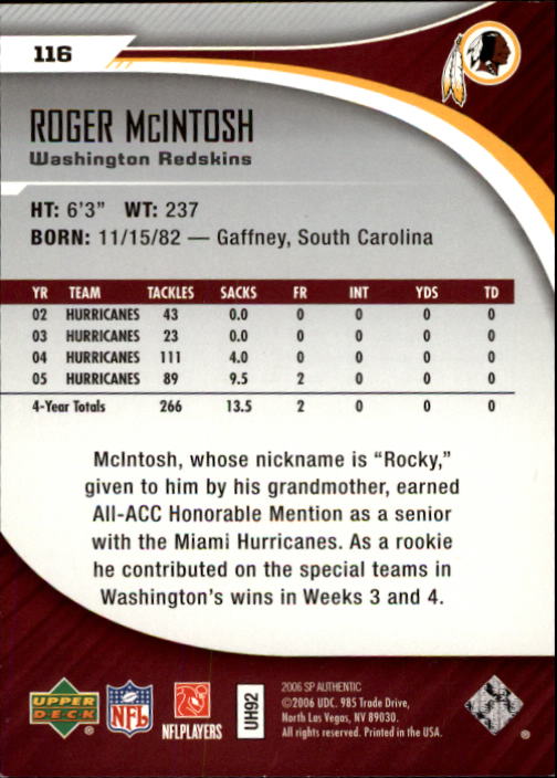 2006 SP Authentic #116 Rocky McIntosh RC back image