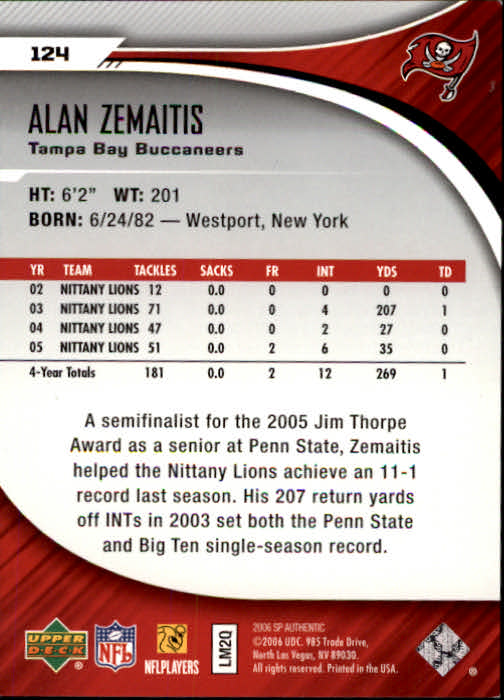 2006 SP Authentic #124 Alan Zemaitis RC back image