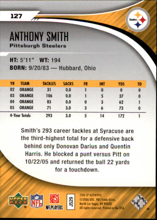 2006 SP Authentic #127 Anthony Smith RC back image