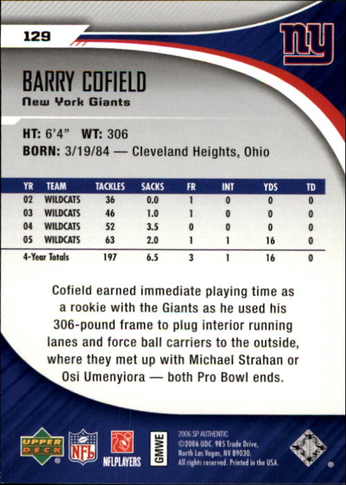 2006 SP Authentic #129 Barry Cofield RC back image
