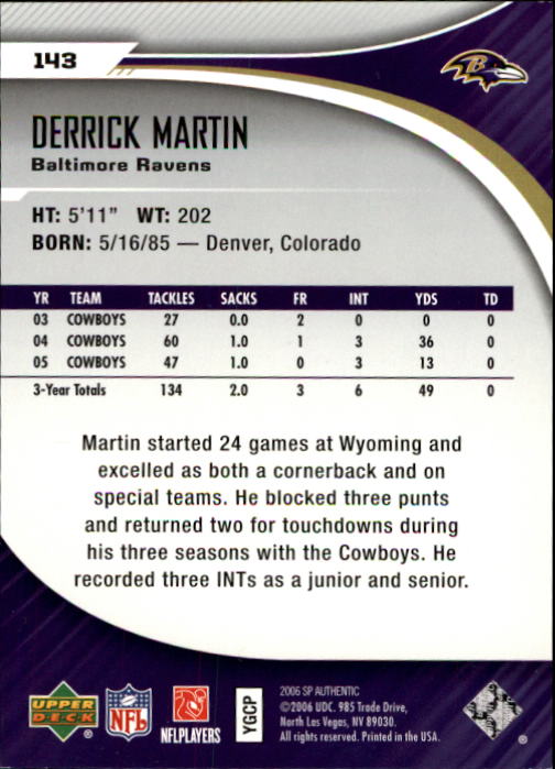 2006 SP Authentic #143 Derrick Martin RC back image