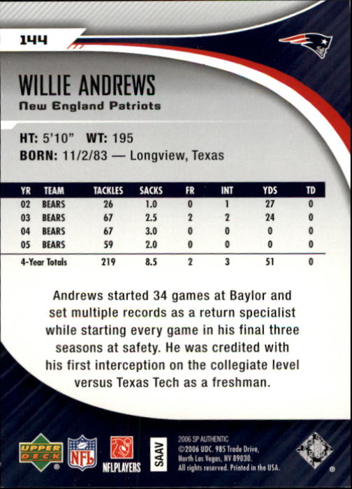 2006 SP Authentic #144 Willie Andrews RC back image