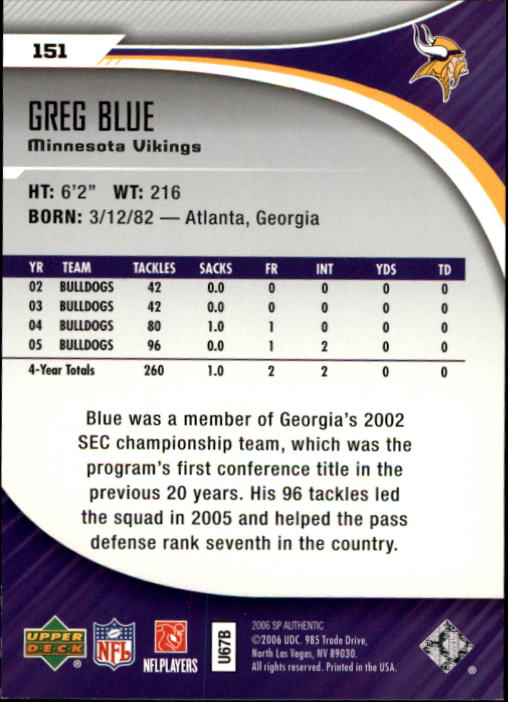 2006 SP Authentic #151 Greg Blue RC back image