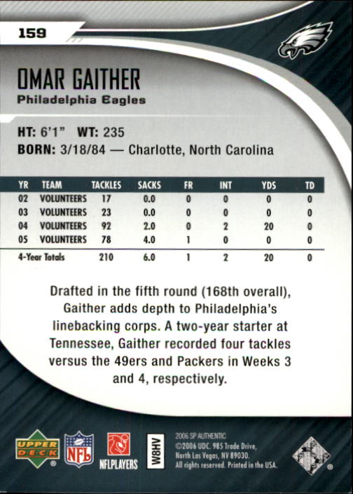 2006 SP Authentic #159 Omar Gaither RC back image