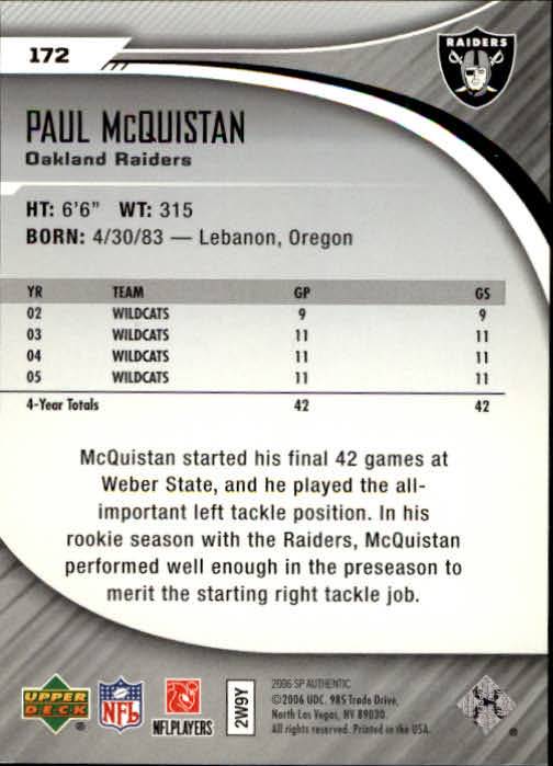 2006 SP Authentic #172 Paul McQuistan RC back image