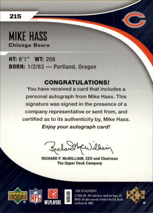 2006 SP Authentic #215 Mike Hass AU RC back image