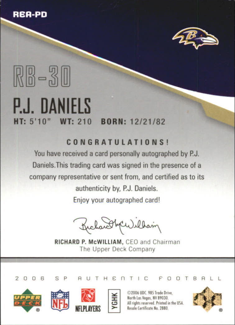 2006 SP Authentic Rookie Exclusives Autographs #REAPD P.J. Daniels back image