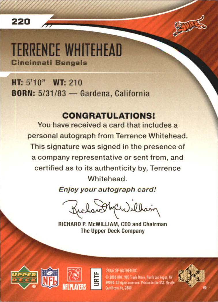 2006 SP Authentic Gold #220 Terrence Whitehead AU back image