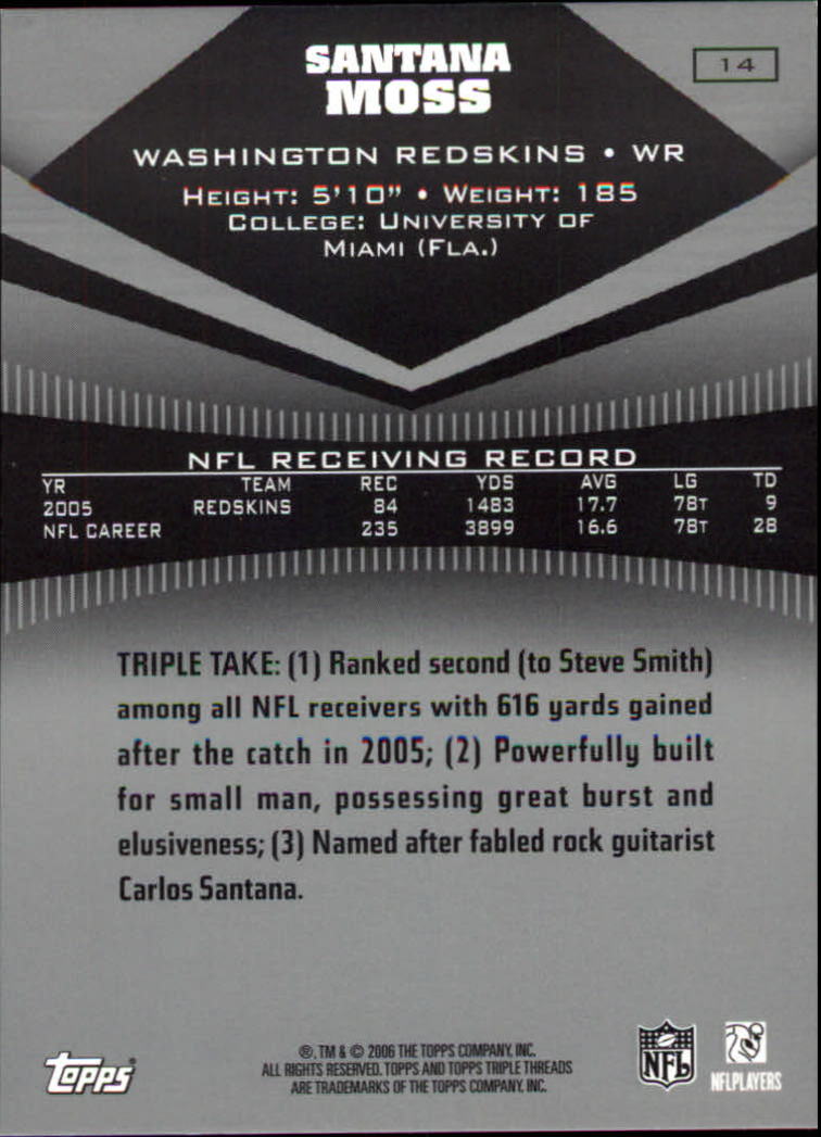 2006 Topps Triple Threads #14 Santana Moss back image