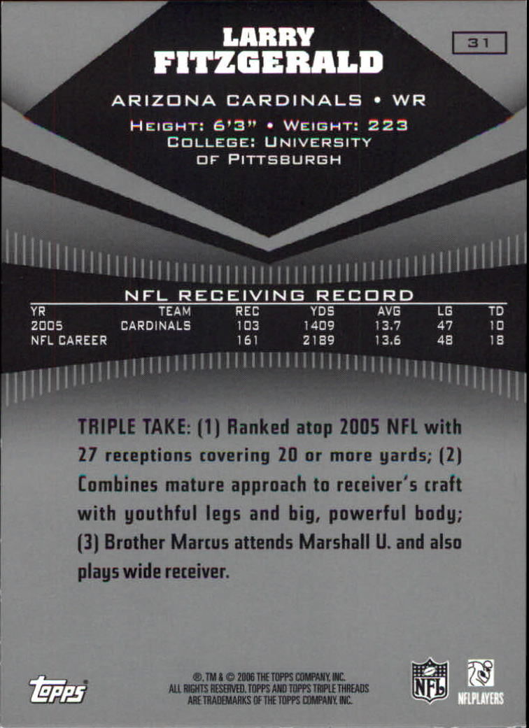 2006 Topps Triple Threads #31 Larry Fitzgerald back image