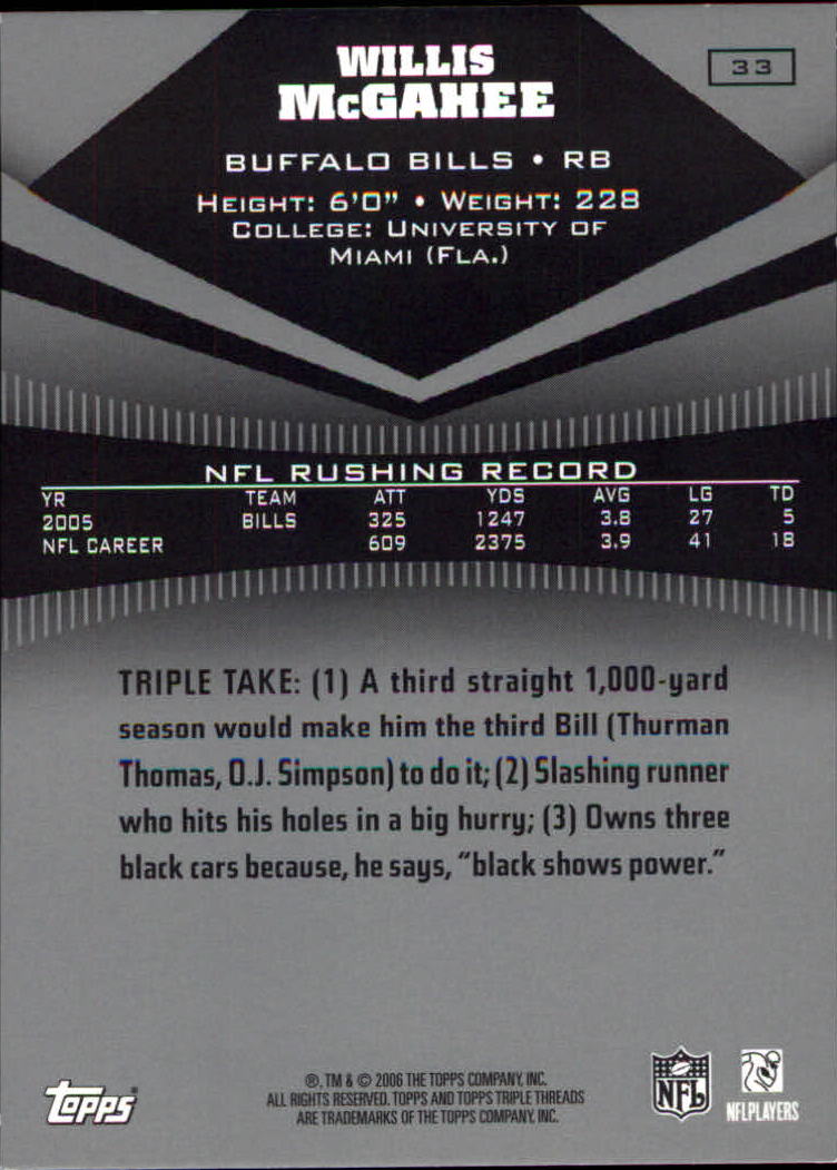 2006 Topps Triple Threads #33 Willis McGahee back image