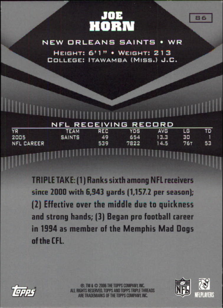 2006 Topps Triple Threads #86 Joe Horn back image