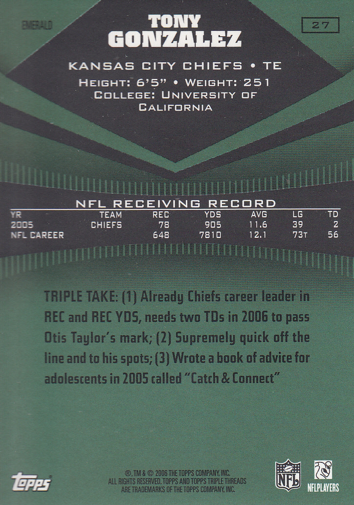 2006 Topps Triple Threads Emerald #27 Tony Gonzalez back image