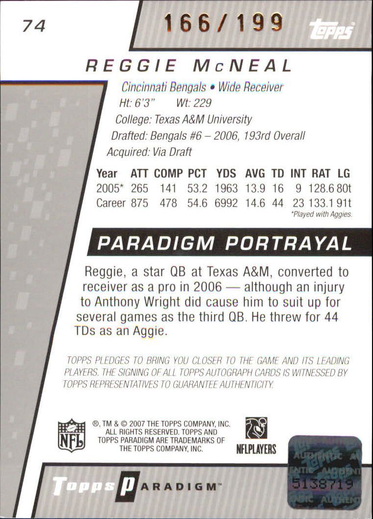 2006 Topps Paradigm #74 Reggie McNeal AU/199 RC back image
