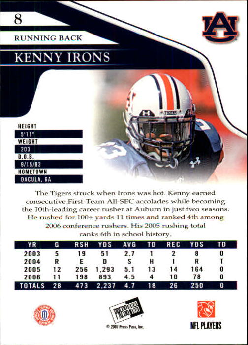 2007 Press Pass #8 Kenny Irons back image