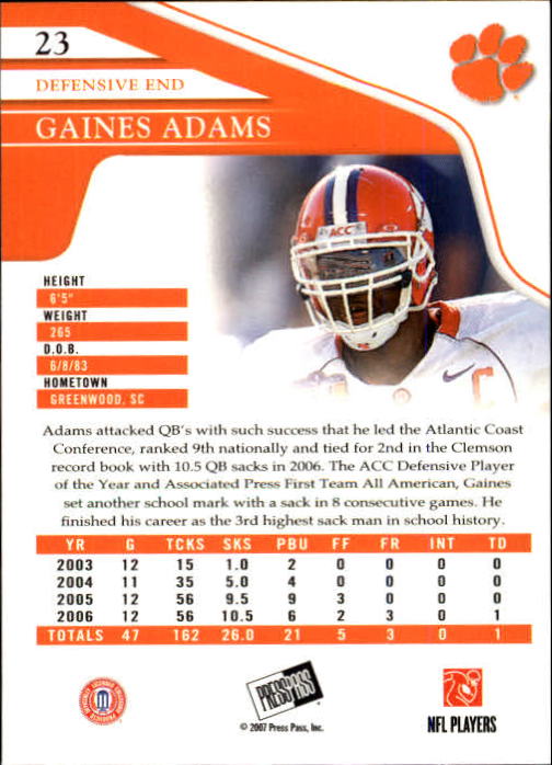 2007 Press Pass #23 Gaines Adams back image