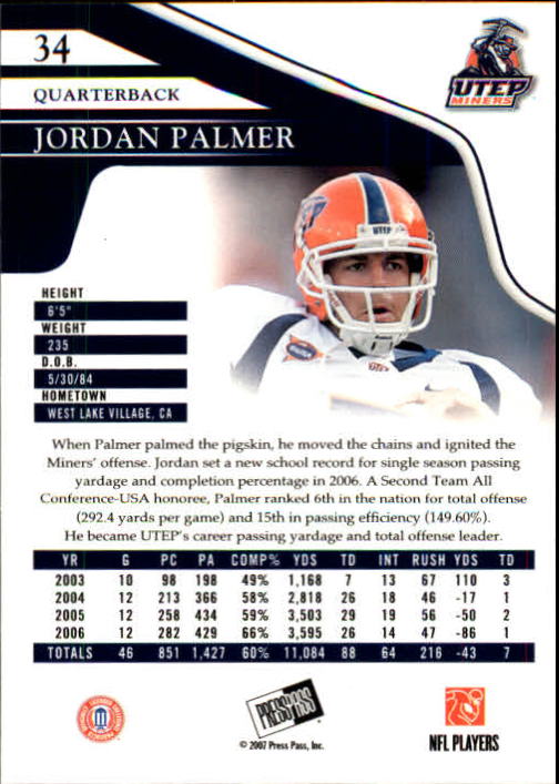 2007 Press Pass #34 Jordan Palmer back image