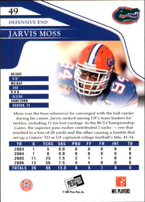 2007 Press Pass #49 Jarvis Moss back image