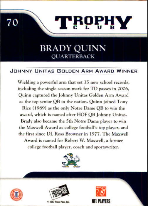 2007 Press Pass #70 Brady Quinn TC back image