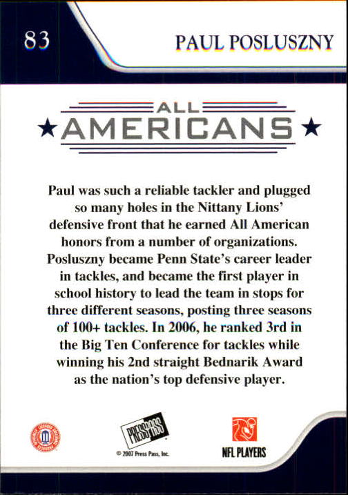 2007 Press Pass #83 Paul Posluszny AA back image