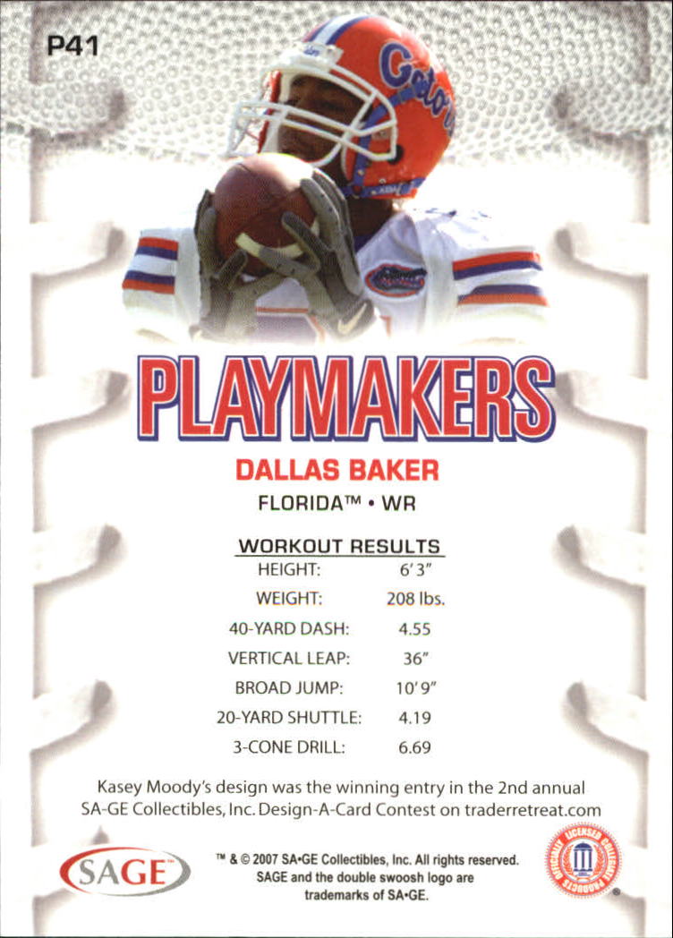 2007 SAGE HIT Playmakers Blue #P41 Dallas Baker back image