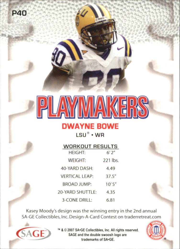 2007 SAGE HIT Playmakers Silver #P40 Dwayne Bowe back image