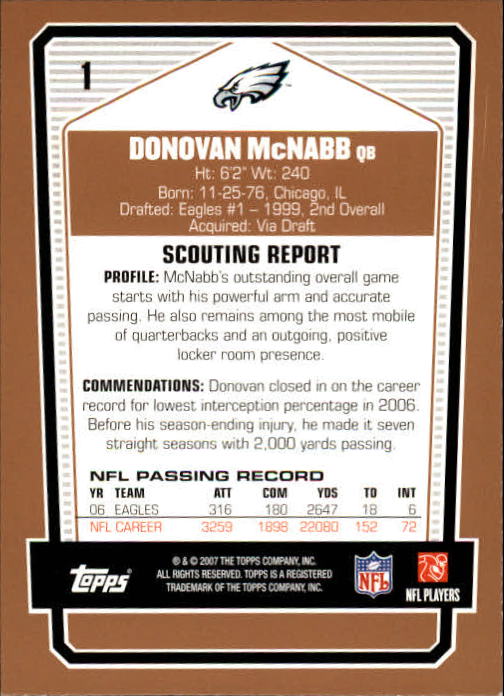2007 Topps Draft Picks and Prospects #1 Donovan McNabb back image