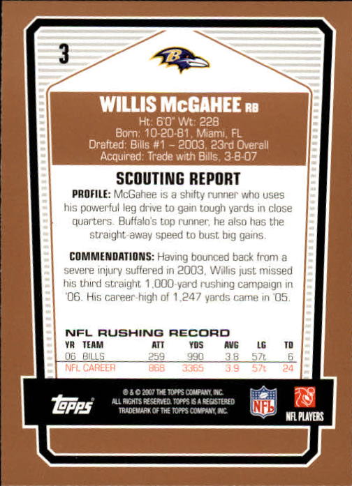 2007 Topps Draft Picks and Prospects #3 Willis McGahee back image
