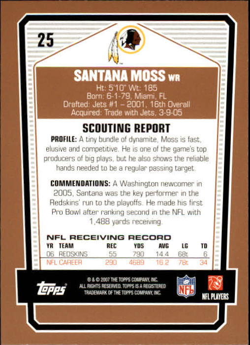 2007 Topps Draft Picks and Prospects #25 Santana Moss back image