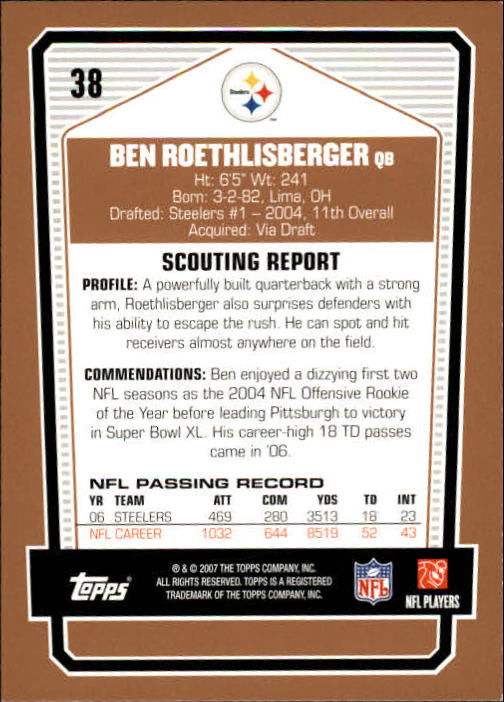 2007 Topps Draft Picks and Prospects #38 Ben Roethlisberger back image