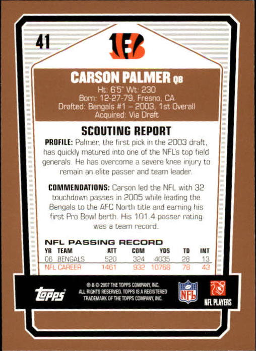 2007 Topps Draft Picks and Prospects #41 Carson Palmer back image