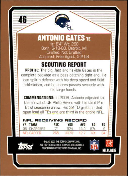 2007 Topps Draft Picks and Prospects #46 Antonio Gates back image