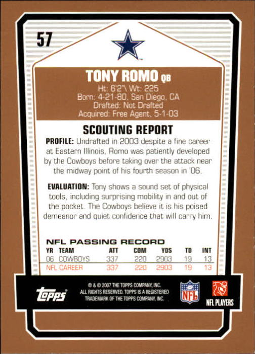2007 Topps Draft Picks and Prospects #57 Tony Romo back image