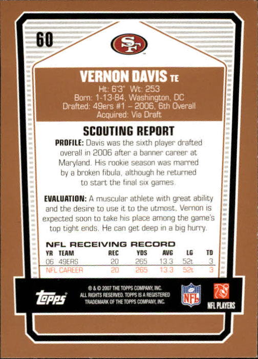 2007 Topps Draft Picks and Prospects #60 Vernon Davis back image