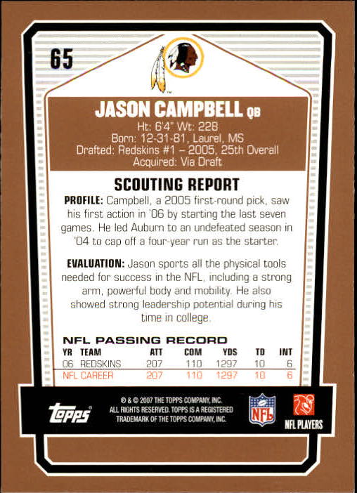 2007 Topps Draft Picks and Prospects #65 Jason Campbell back image