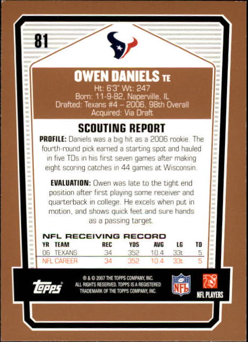 2007 Topps Draft Picks and Prospects #81 Owen Daniels back image