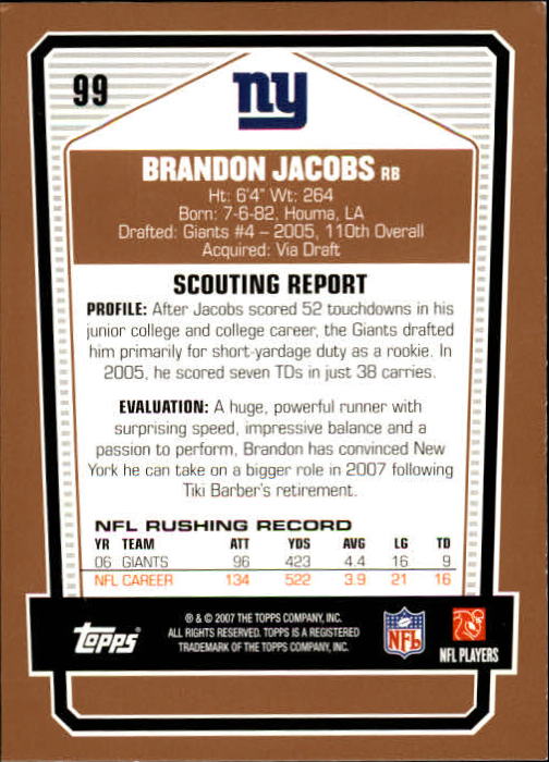 2007 Topps Draft Picks and Prospects #99 Brandon Jacobs back image