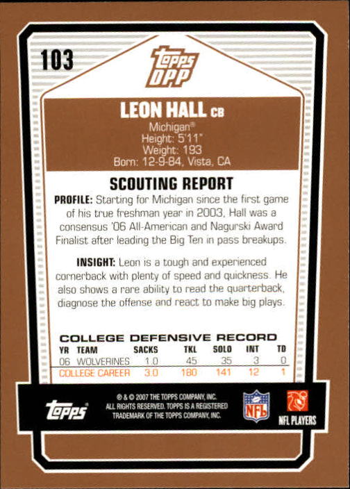 2007 Topps Draft Picks and Prospects #103 Leon Hall RC back image