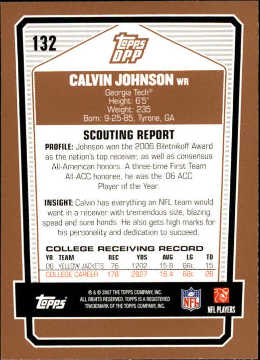 2007 Topps Draft Picks and Prospects #132 Calvin Johnson RC back image