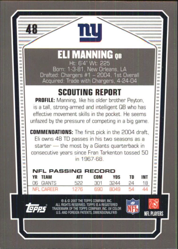 2007 Topps Draft Picks and Prospects Chrome Black #48 Eli Manning back image