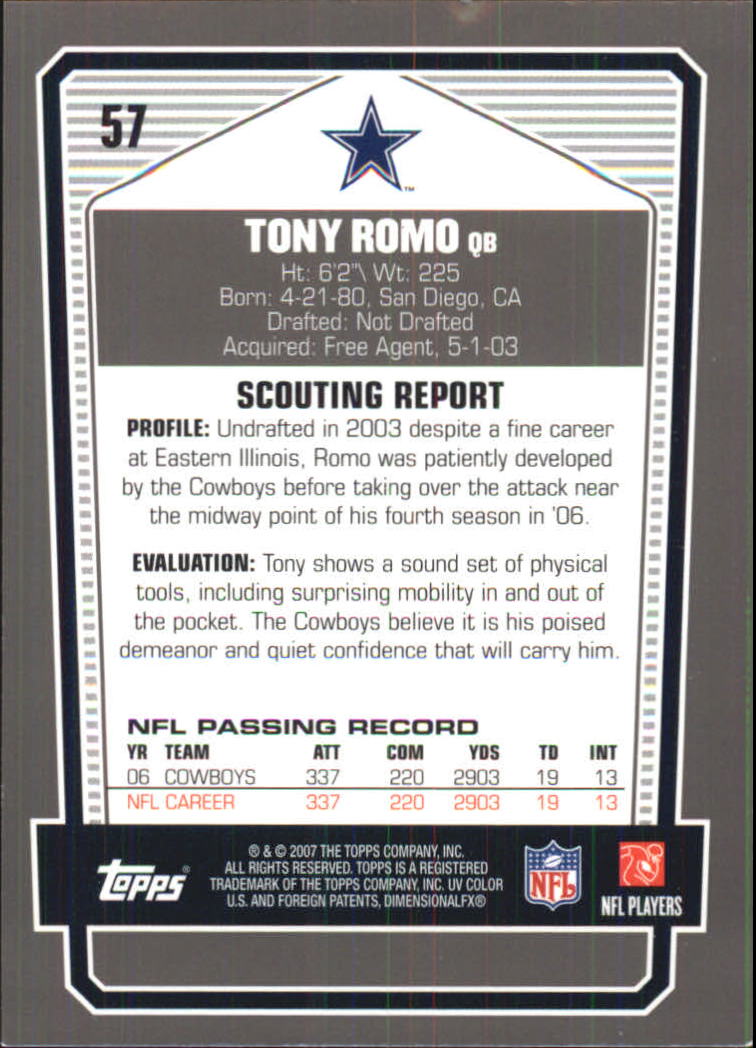 2007 Topps Draft Picks and Prospects Chrome Black #57 Tony Romo back image