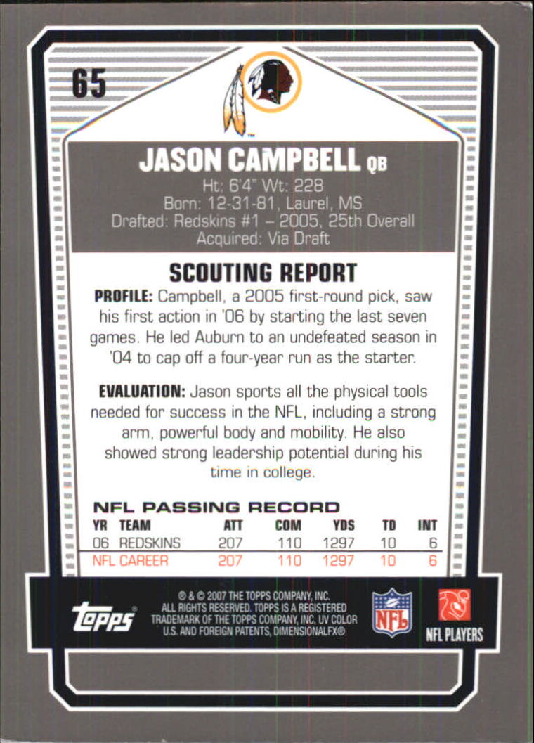 2007 Topps Draft Picks and Prospects Chrome Black #65 Jason Campbell back image