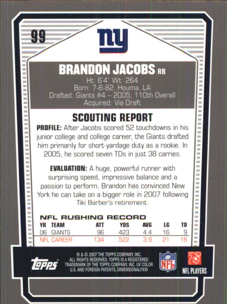 2007 Topps Draft Picks and Prospects Chrome Black #99 Brandon Jacobs back image