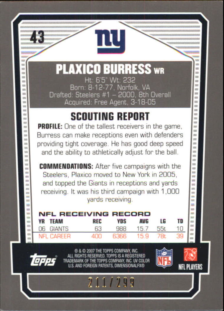 2007 Topps Draft Picks and Prospects Chrome Silver #43 Plaxico Burress back image