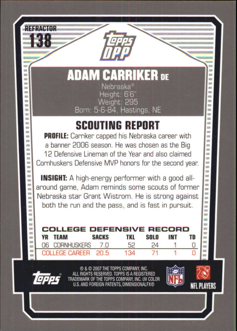 2007 Topps Draft Picks and Prospects Chrome Black Refractors #138 Adam Carriker back image